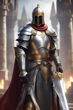 photorealistic holy knight paladin wearing a cape wielding a greatsword temple in the background