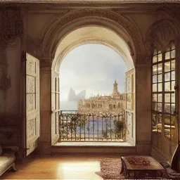  Living room with a big full wall window view on mediterranean city on sea , Vignola architecture,interior design,point of perspective,by Jean Baptiste Monge, Epic cinematic, brilliant stunning, intricate, meticulously, detailed, dramatic atmospheric, maximalist digital matte painting