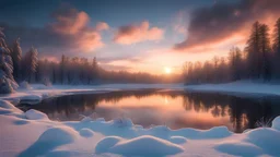 Nature, lighting atmosphere, rsunset sky, a frozen small lake, deep forest, snow, clouds