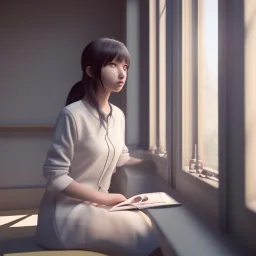 female student studying by the window, anime style,perfect face, cool face, unreal engine 5, cinema4d, sun light, studio lighting --ar 1:1 --v 4