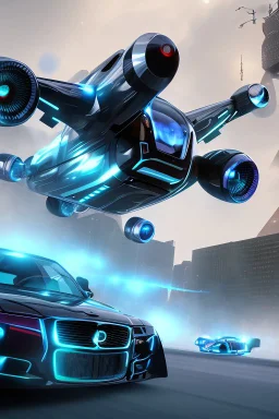 A flying car being drived by a robot in future city.