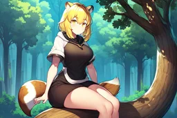 Yellow hair, girl, sit on tree, raccoon tail, forest