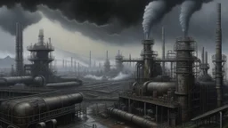 A hyper-realistic oil painting of the city of steel stretched under an eternally gray sky, capturing every intricate detail of the industrial landscape and the gloomy atmosphere