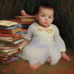 Smart biracial baby girl on pile of books by Monet