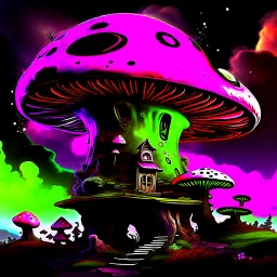 A fantabulous black, green and magenta (((mushroom tower house))) erected atop a (geologic pillar), surrounded by the uncanny imaginative ((( swirling skies))), offset by the stark hues of a (neon-tinged nebulous space scape), within. captured by the hand a skilled master painter with a focus on (softly blurred compositions and voluminous lighting).