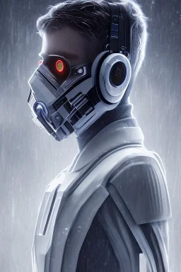 Joi blade runner, Black intergalactic pilot suit, portrait, bright white eyes, wearing high tech pilot breathing mask, beautiful face, white smoke, dark, rage, sorrow, high definition, ultra 8 k, volumetric lighting, blue fire, fog