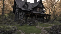 A gothic woodland house with a coven of witches dancing.