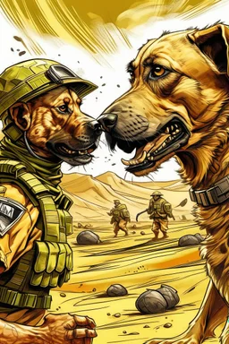 A soldier dog dressed in military combat uniform fighting another soldier dog in the hot desert landscape, digital illustration portrait, dog's face is snarling, aggressive, angry, Craig Miller , futuristic, pulp fiction graphic novel style, hyperrealism, photorealism