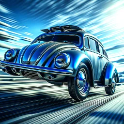 a high definition screen shot of a jet-fighter vw-beetle, retrofuturistic, phototrealism, in flight, one subject,