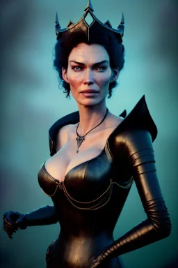 Lena Headay as evil queen in black leather, busty, cleavage, voluptuous, Aqua Lene, angry, stern look. character design by cory loftis, fenghua zhong, ryohei hase, ismail inceoglu and ruan jia. unreal engine 5, artistic lighting, highly detailed, photorealistic, fantasy