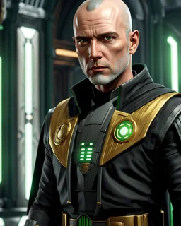 star wars bald male corellian jedi pilot wearing black and gunmetal grey old republic armored robes with gold trim inside the jedi temple holding a lightsaber with viridian green blade in left hand, centered head and shoulders portrait, hyperdetailed, dynamic lighting, hyperdetailed background, 8k resolution, volumetric lighting, light skin, fully symmetric details