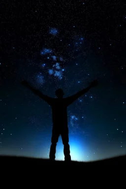 The outline of a figure stretching his arms towards the sky. In the sky, the stars are all in nature.