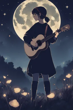 Under a starry night sky, the girl with glasses strums his guitar, his music echoing in the peaceful ambience of the Ghibli style anime night, intricately hand-drawn for a magical effect.