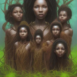 photo. 3 three Brown skin women. Three dark skin women. Three black women. .three women. A mother. Two daughter. Twins. A mother with her children. three young black women. wood nymphs emerging from the forest. Her hair looks like vines. Dreadlocs. Her skin is the colour of dark soil. Her skin looks like tree bark. Her clothing is made of vines, grass and leaves.