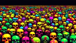 a field of 1000s of cartoonish, anatomically correct, skulls, vivid RANDOM BRIGHT neon colors, dark comedy, well lit, high detail, photorealistic, horrorcore, fun, scary, none featured, each a different color or hue,