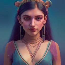 Detailed portrait of a young gypsy woman, contrasting colors, arrow makeup on her eyes, unreal engine, greg rutkowski, loish, rhads, beeple, makoto shinkai and lois van baarle, ilya kuvshinov, rossdraws, tom bagshaw, alphonse mucha, global illumination, detailed and intricate environment