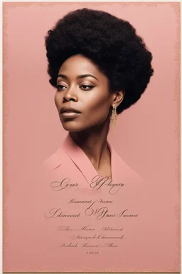 An extremely formal, funeral program written in French for a black woman (include a front photograph of a beautiful biracial black woman) on salmon pink deeply pigmented velvet paper with brilliant, brightest heavy golden greenish calligraphy fonts, simple, minimalistic, less element, very dramatic lighting