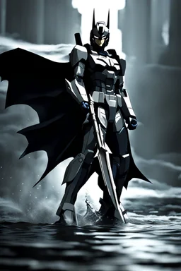Gundam inspired by Batman. Flowing cape. Action pose. 1080p. Photograph.