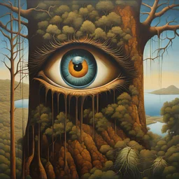 an eye in a tree near water, in the style of brian despain, dripping paint, expansive landscapes, highly detailed, surrealistic urban scenes, mars ravelo, mati klarwein, Max Ernst