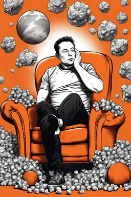 simple scene, Elon musk sitting on an orange couch eating popcorn, looking unamused at planet earth,. selective colours