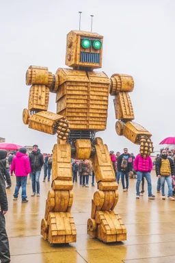 little people looking at huge dancin giant robot of vitalik buterin at burning man festival in the rain