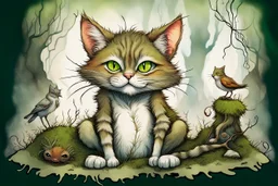 caricature, alcohol ink graphic from an european wild cat sitting in moss, between tendrils and a dead little bird lies between his paws, looks casually and devilishly at the camera, caricature style, detailed, kind, humorous, sharp lines, comic, digital art , blur background