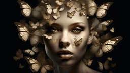 Surreal digital artwork featuring a close-up of a human face with a soft, pale complexion. The face is expressionless, with neutral lips and striking golden eyes that stare directly at the viewer. Its most distinctive feature is the multitude of delicate white and brown butterflies with intricate wing patterns that create its hairstyle, creating a whimsical and dreamlike effect. The background is a soft gray to light blue gradient. The overall style is imaginative and artistic.