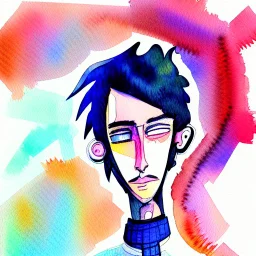 Male cypebpunk character connected to AI exploring other AI - Watercolour and Watercolour Painted Style - Jenny Rainey Style