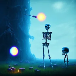 The Grim Reaper and the Skeleton on bubble world, discussing the future of the universe, art by Magritte and Pixar