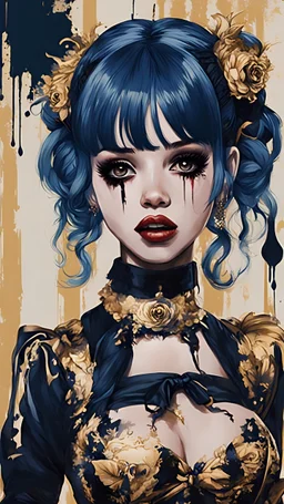 Poster in two gradually, a one side malevolent goth vampire girl face and other side the Singer Melanie Martinez face, full body, painting by Yoji Shinkawa, darkblue and gold tones,