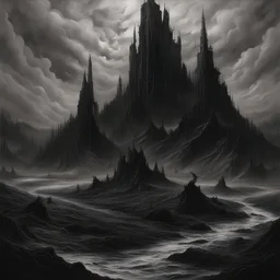Generate a visually striking black metal artwork that depicts a hellish landscape, drawing inspiration from dark mythology and biblical references. Incorporate elements of chaos, destruction, and a foreboding atmosphere.