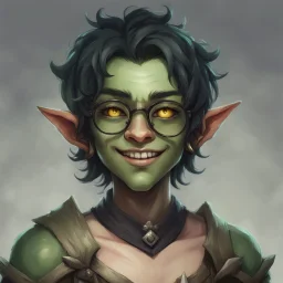 dnd, portrait of cute young orc-elf hybrid femboy, black hair, short hair, curled hair, hair covering one eye, emo hair, round glasses, tusks, sharp teeth, yellow eyes, flat chest, mage, magic, nose ring, pierced ears, twink, smile, sharp teeth, green skin