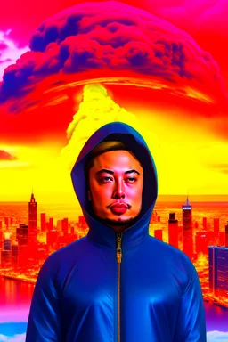 A volcano exploding over a New York City, inside the flame a giant hooded Elon Musk’s face