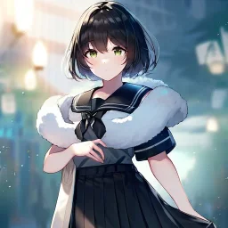 Clear focus, High resolution, fluffy black short hair, dark green eyes, wearing a black sailor uniform and pleated black skirt, fluffy hair, detailed outfit