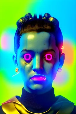 Ultra Realistic image, Rosalía artist, waist up portrait, black eye line, sweet angry face , gold, blue, pop style, pink spray line make up, geometric, neon, rings piercing, led ornament, fog, bubble latex coat, led lights, vibrant color, highly detailed, art stations, concept art, smooth, unreal engine 5, god rays, ray tracing, RTX, lumen lighting, ultra detail, volumetric lighting, 3d, finely drawn, high definition, high resolution.