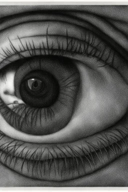 The endless depth of a pupil in the eye; M. C. Escher; ink wash; rainbow of pastels