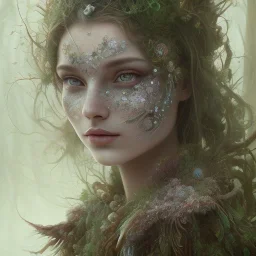 Portrait of beautiful girl, face dept of field,face shining, plant, metal, feathers,central weight average, CWA Dryad, fae, sidhe, ominous, nature, plants, wildflower sparkle,wildflower 3d view, facepaint, dnd character portrait, intricate, oil on canvas, masterpiece, expert, insanely detailed, 4k resolution, retroanime style, cute big circular reflective eyes, cinematic smooth, intricate detail , soft smooth lighting, soft pastel colors, painted Renaissance style,sharp fucus, bokeh,macro lens,