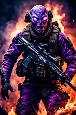 an epic 12k,ultra high definition , digital photo of a scary looking alien, purple colored alien, angy and rising from the ashes, a war veteran, army beret , captain rank, ripped and torn ammo clothing, chaotic fiery and dust background, dramatic close-up action shot of him behind the machine hand gun on the burned out war tanker,gothic and sinister