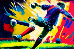 Oil painting, football match, the striker is kicking a goal, the ball is flying, bright but not neon colours, dynamic lines, dynamic blobs, spots, lines in the background of the character, like a colour explosion, A visually striking piece filled with dynamic brushstrokes, reminiscent of the impasto technique used in Vincent Van Gogh's Post-Impressionist paintings. The composition features bold colors and unblended strokes, creating a sense of depth and movement that defies traditional art style