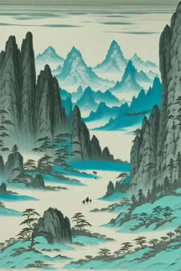 A cyan tundra with glaciers painted by Utagawa Hiroshige