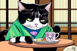 A cat wearing clothes is sitting at a table eating sushi. Manga style. Perfect iris. Paws. Mug with cat face