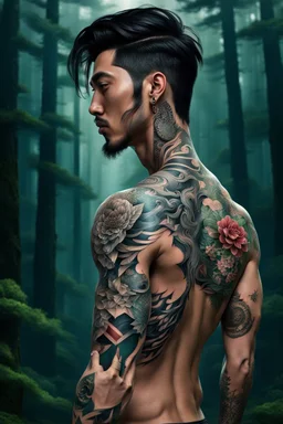 3d anime style tattooed korean man, nice profile, attraktive handsome, medium long black hair, hot body, his body with geometric tattoos, deep dark colors, blur random forest background, highly detailed, dramatic vibe