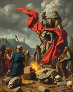 Bosch painting style ,nightmare, a group of people from the Stone Age gathering around a Superman