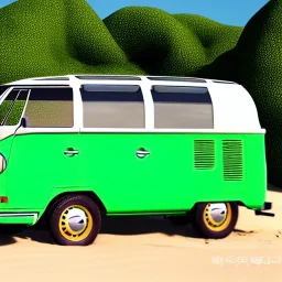 old Volkswagen partyvan, green color van, funny colored, partyvan on the beach, sunny beach, sunny weather, beach party, party people, party, realistic, ultra high quality, unreal engine, cinematic, surfing, palms, palm beach, beach, sandy, professional photography, ultra resolution