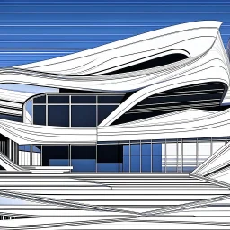 Arte lineal Vista superior de una casa campestre moderna, estilo Zaha Hadid, minimalista