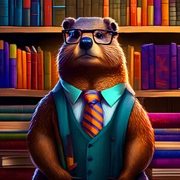 a photograph of a dignified beaver wearing glasses wearing gafas wearing glasses, a vest, and colorful neck tie. He stands next to a tall stack of books in a library