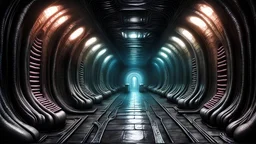 Colored HR Giger inspired interior tunnel environment
