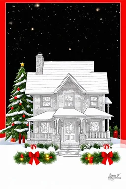 coloring page christmas style, realistic, Christmas house, black and white