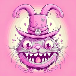 Pink and light purple pastel dream Monster, Rabbit with teeth all over body, top hat and a monocle, 3 eyes and a split tongue, horror cartoon,