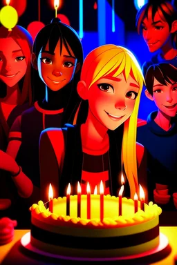 spiderman into the spider verse tarzı 17 yazan mum ile doğum günü kutlayan 2 kız birinin saçı kısa karakterlerin görüneceği kadar aydınlık soldaki kızın saçı daha kısa yüz ifadeleri değişsin çizgi roman tarzı gölgelendirme yüz ifadeleri değişsin sadece 2 kişi pasta ortalansın yüz ifadeleri değişsin sadece iki kız her şey aynı kalsın ama yüz ifadeleri değişsin sadece 2 kişi